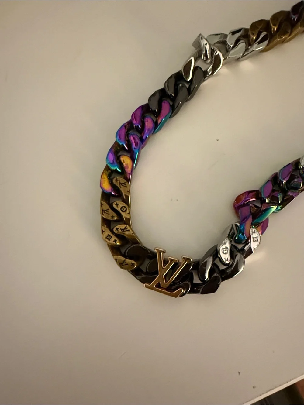 Louis Vuitton Multicolor Iridescent & Gold Cuban Link Necklace